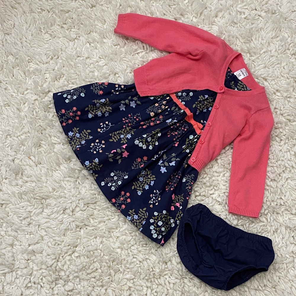 Carters girls size 12 mo 3 pc Navy and Pink Kids Dress, bloomers, sweater